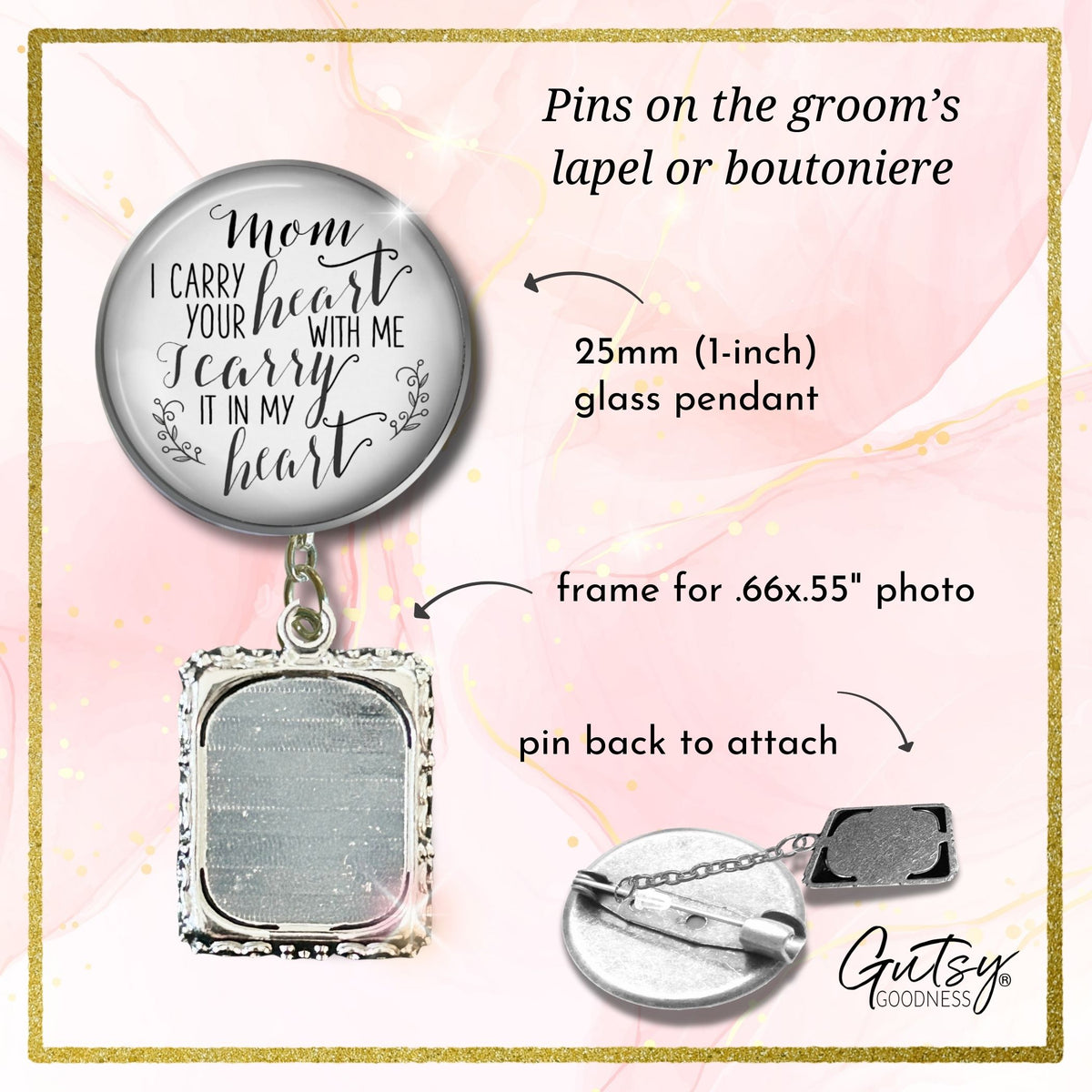 Groom's Boutonniere Pin Wedding Memorial Mom Mother I Carry Heart Silver Photo Picture Frame Charm