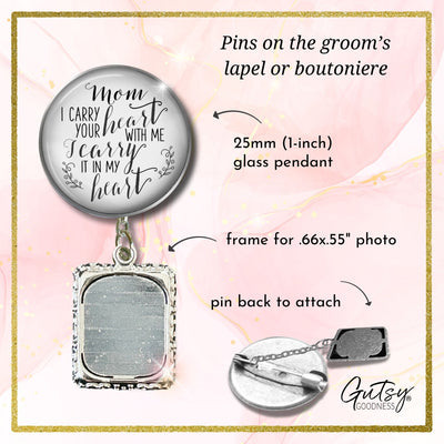 Groom's Boutonniere Pin Wedding Memorial Mom Mother I Carry Heart Silver Photo Picture Frame Charm