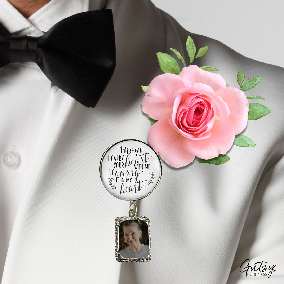 Groom's Boutonniere Pin Wedding Memorial Mom Mother I Carry Heart Silver Photo Picture Frame Charm