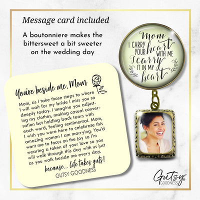 Groom's Boutonniere Pin Wedding Memorial Mom Mother I Carry Heart Bronze Photo Picture Frame Charm