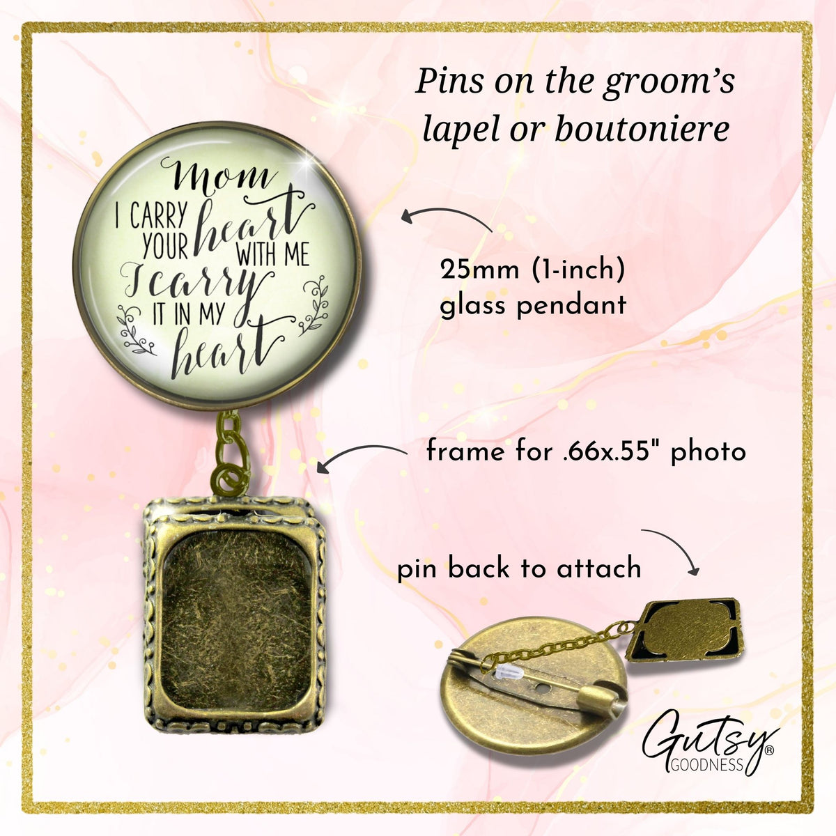 Groom's Boutonniere Pin Wedding Memorial Mom Mother I Carry Heart Bronze Photo Picture Frame Charm