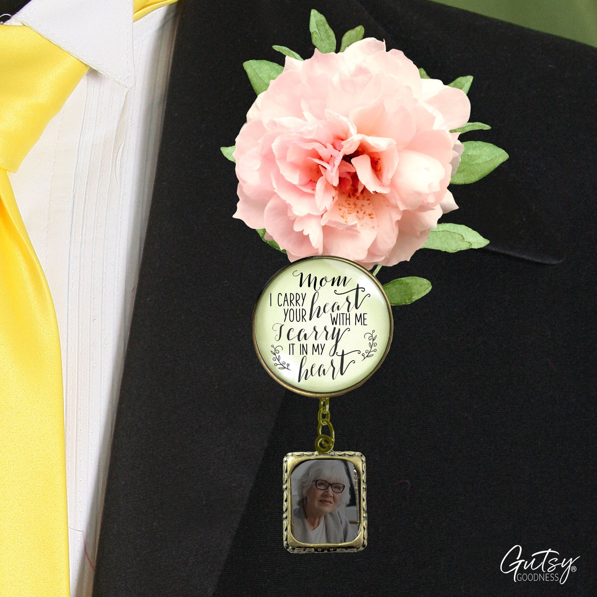 Groom's Boutonniere Pin Wedding Memorial Mom Mother I Carry Heart Bronze Photo Picture Frame Charm