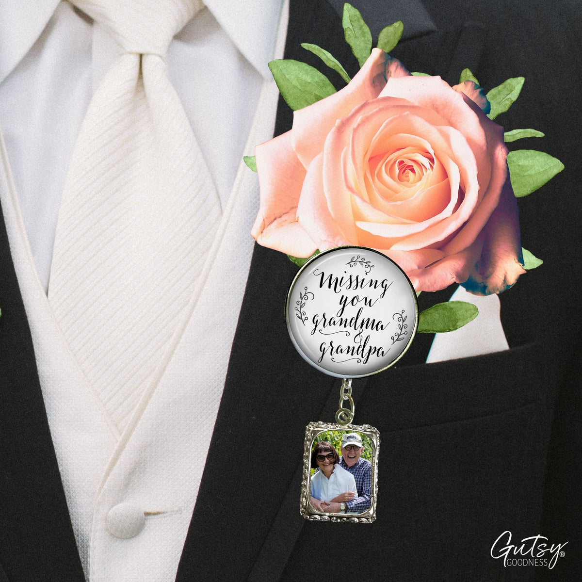 Groom's Boutonniere Pin Missing You Grandma & Grandpa Wedding Memorial Silver Photo Picture Frame Charm