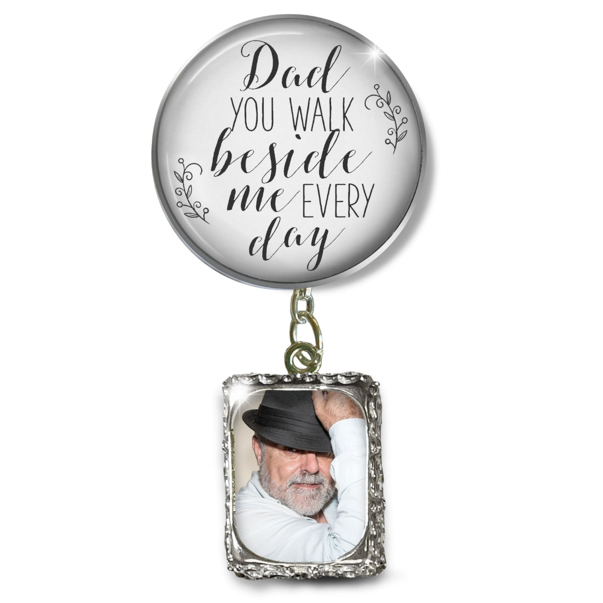 Groom's Boutonniere Pin Wedding Memorial Dad Father Beside Me Silver White Photo Picture Frame Charm