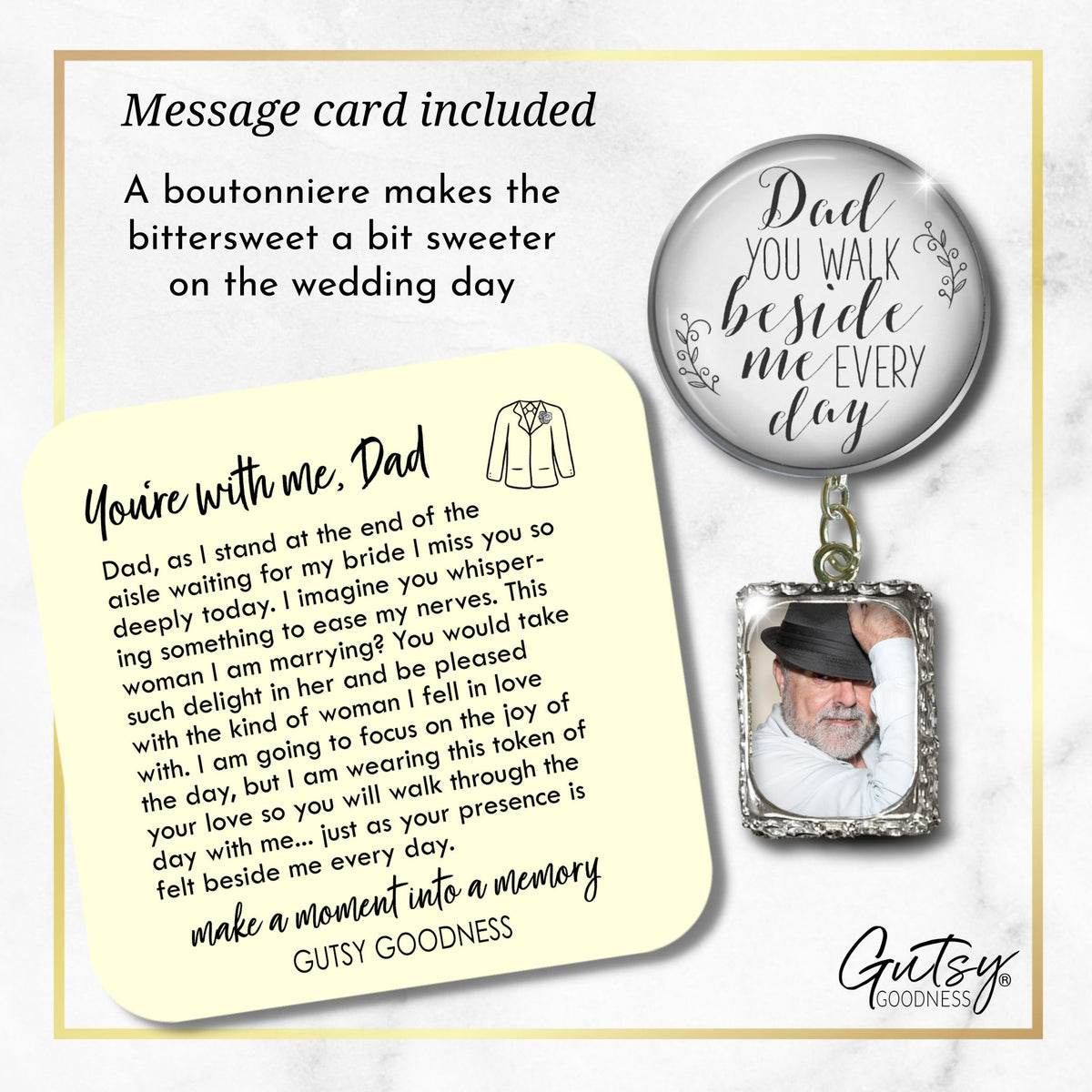 Groom's Boutonniere Pin Wedding Memorial Dad Father Beside Me Silver White Photo Picture Frame Charm