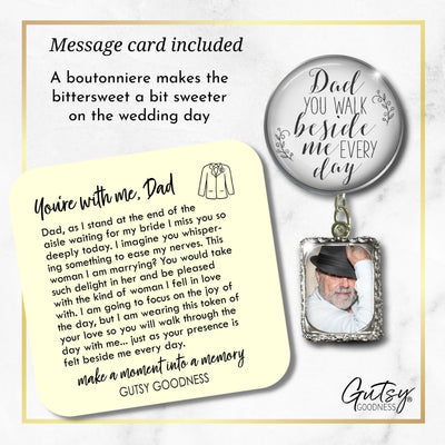 Groom's Boutonniere Pin Wedding Memorial Dad Father Beside Me Silver White Photo Picture Frame Charm