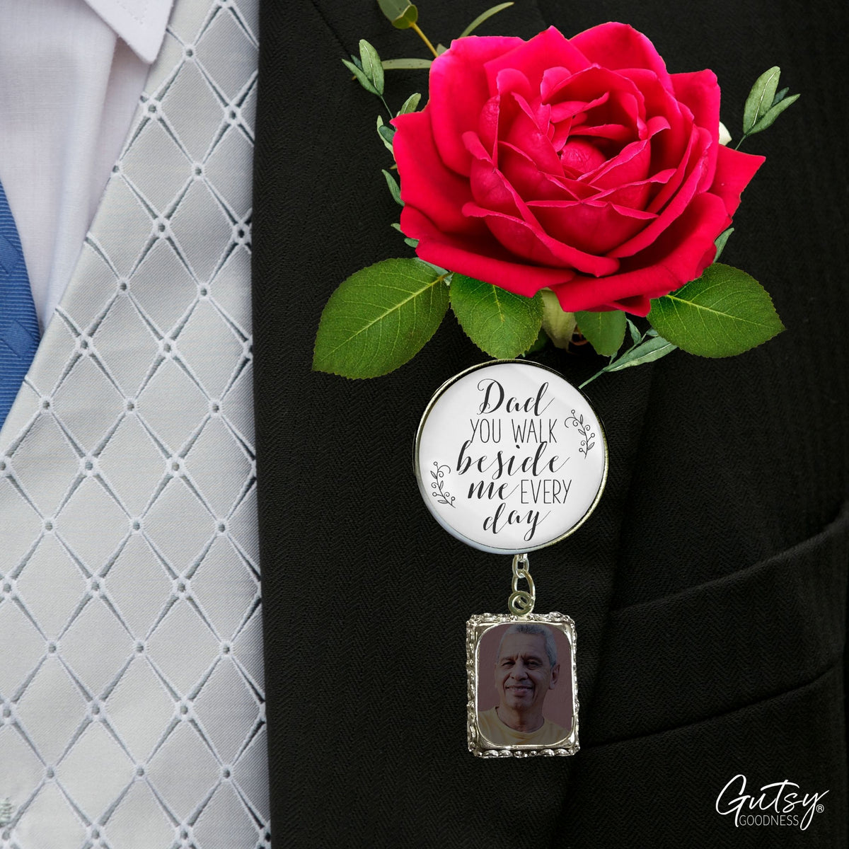 Groom's Boutonniere Pin Wedding Memorial Dad Father Beside Me Silver White Photo Picture Frame Charm