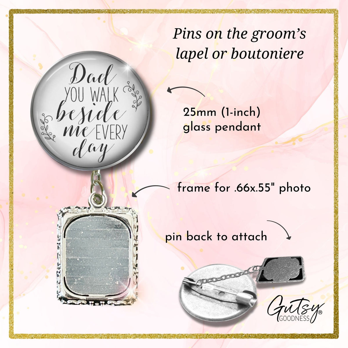 Groom's Boutonniere Pin Wedding Memorial Dad Father Beside Me Silver White Photo Picture Frame Charm