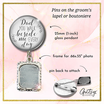 Groom's Boutonniere Pin Wedding Memorial Dad Father Beside Me Silver White Photo Picture Frame Charm