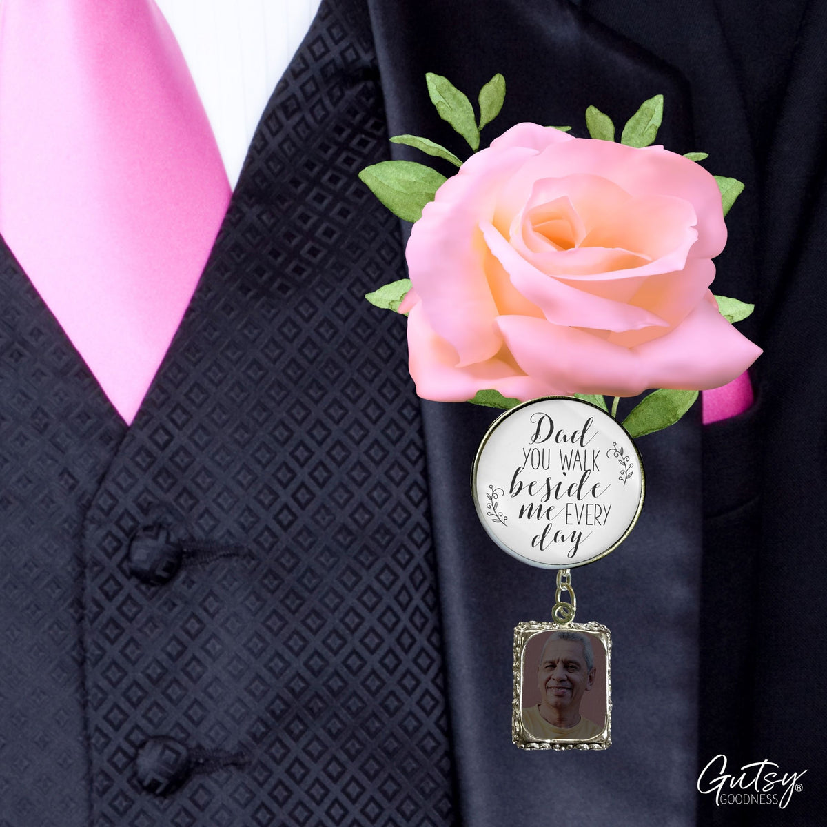 Groom's Boutonniere Pin Wedding Memorial Dad Father Beside Me Silver White Photo Picture Frame Charm