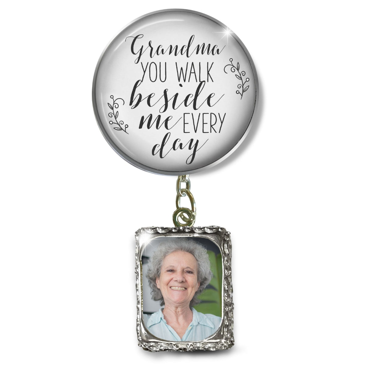 Groom's Boutonniere Pin Wedding Memorial Grandma You Walk Silver White Photo Picture Frame Charm