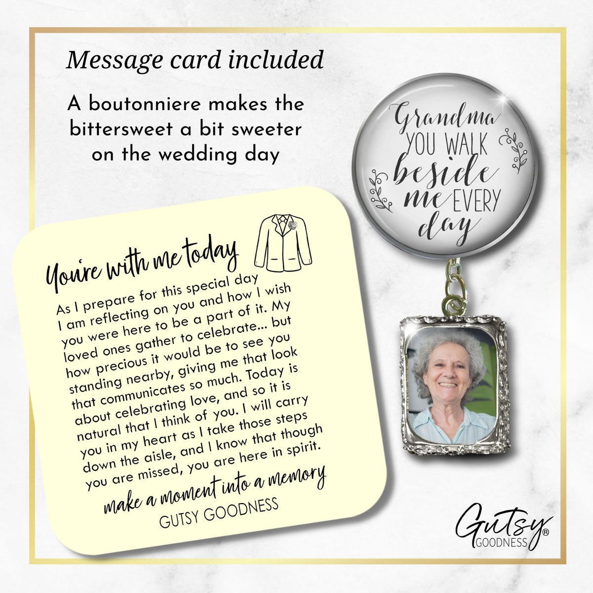 Groom's Boutonniere Pin Wedding Memorial Grandma You Walk Silver White Photo Picture Frame Charm