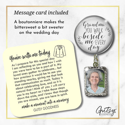 Groom's Boutonniere Pin Wedding Memorial Grandma You Walk Silver White Photo Picture Frame Charm
