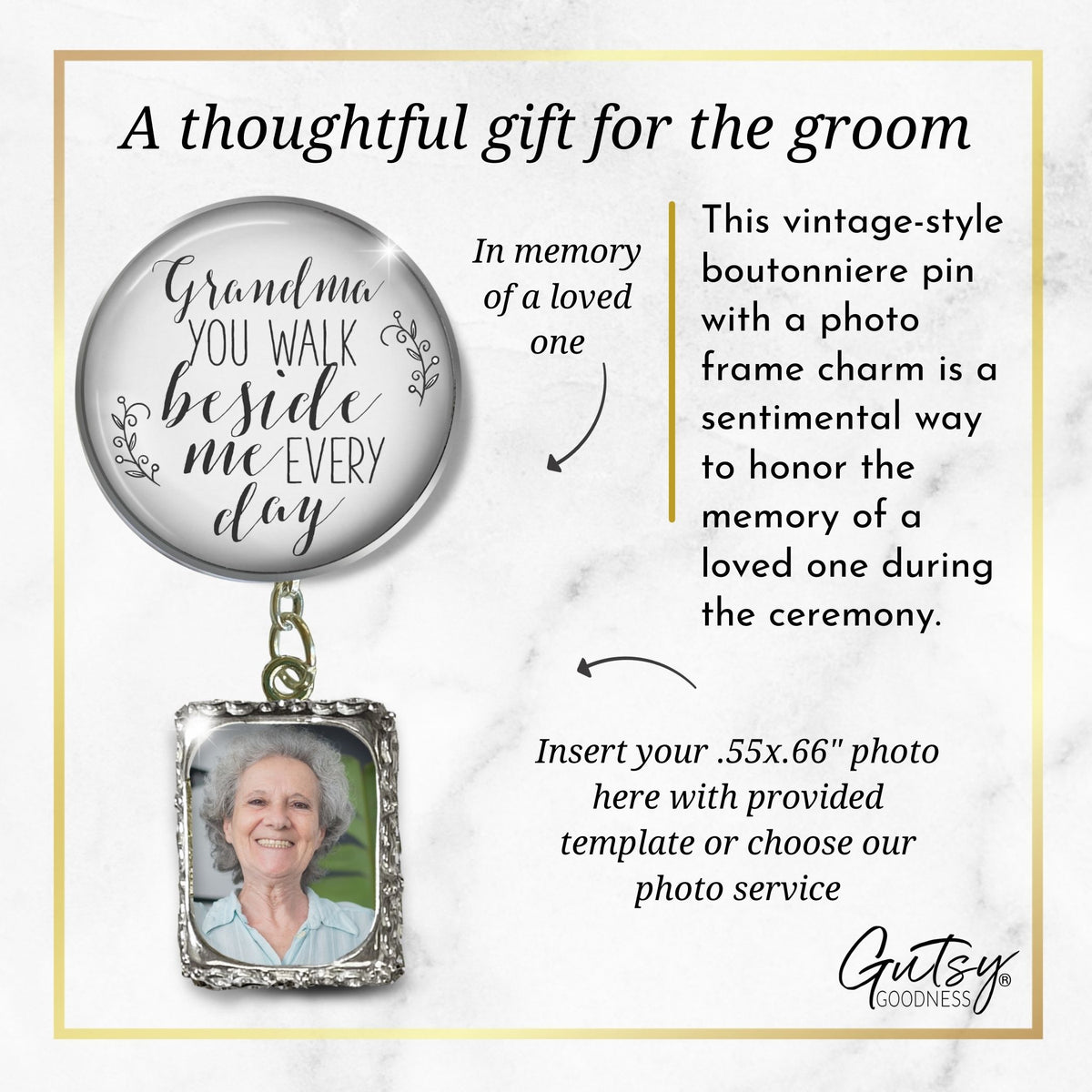 Groom's Boutonniere Pin Wedding Memorial Grandma You Walk Silver White Photo Picture Frame Charm