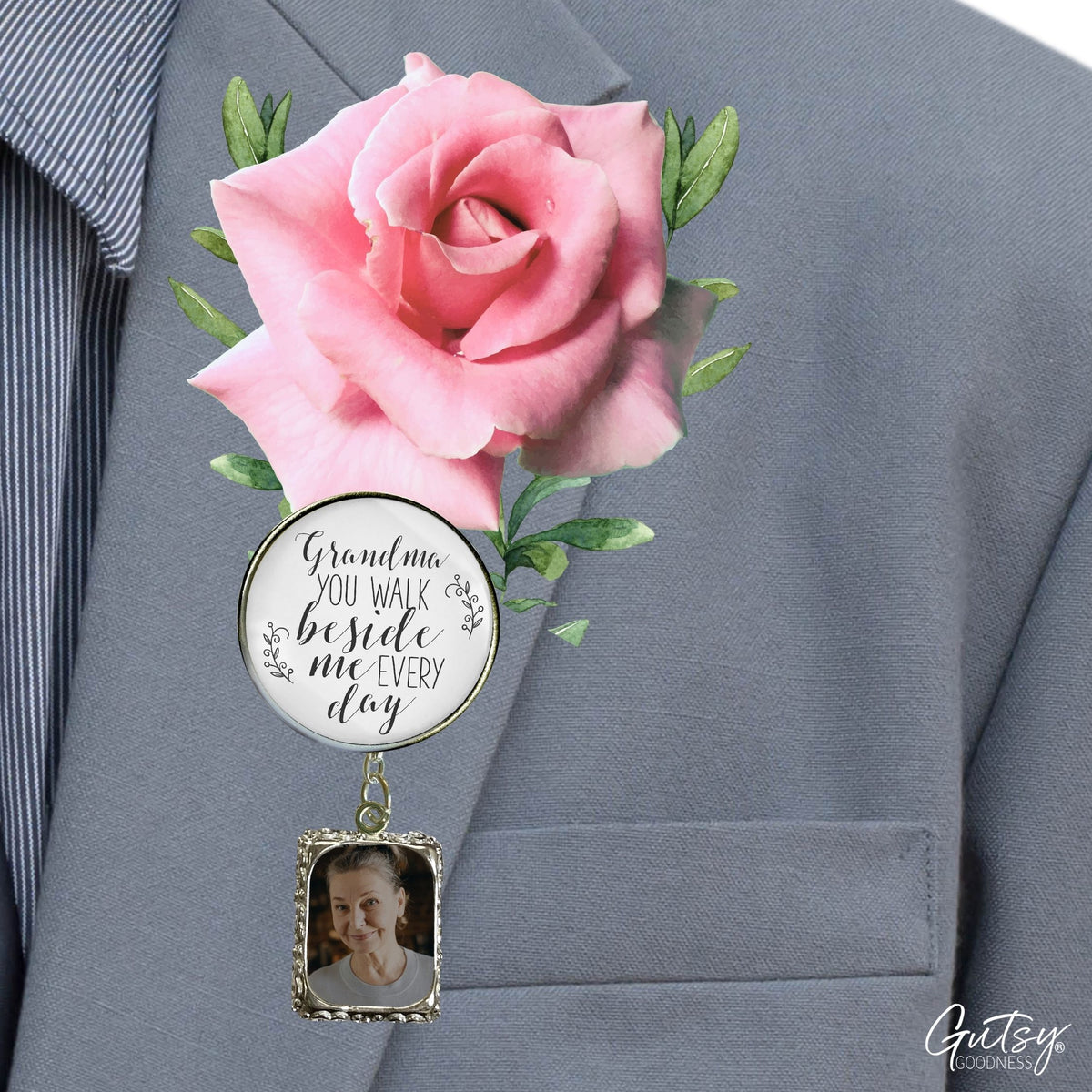 Groom's Boutonniere Pin Wedding Memorial Grandma You Walk Silver White Photo Picture Frame Charm