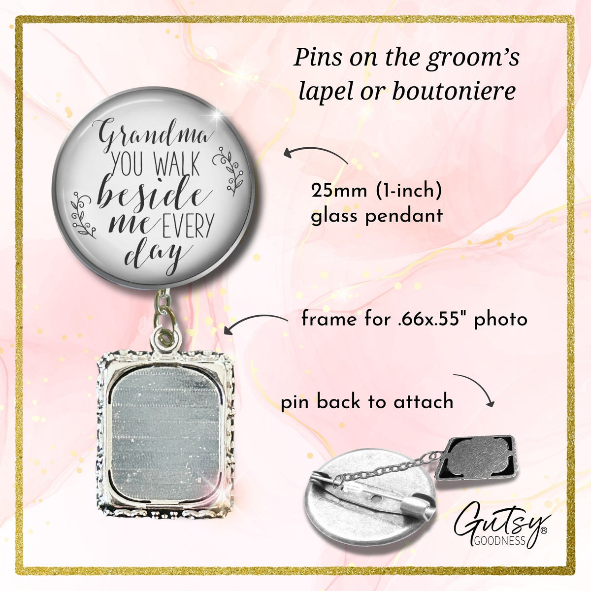 Groom's Boutonniere Pin Wedding Memorial Grandma You Walk Silver White Photo Picture Frame Charm