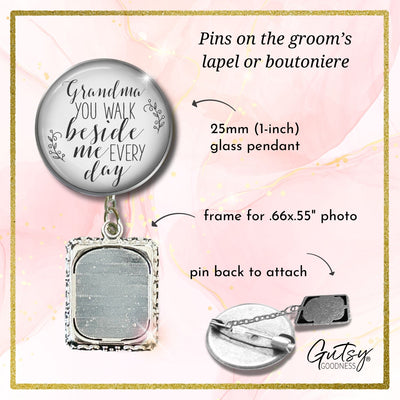 Groom's Boutonniere Pin Wedding Memorial Grandma You Walk Silver White Photo Picture Frame Charm