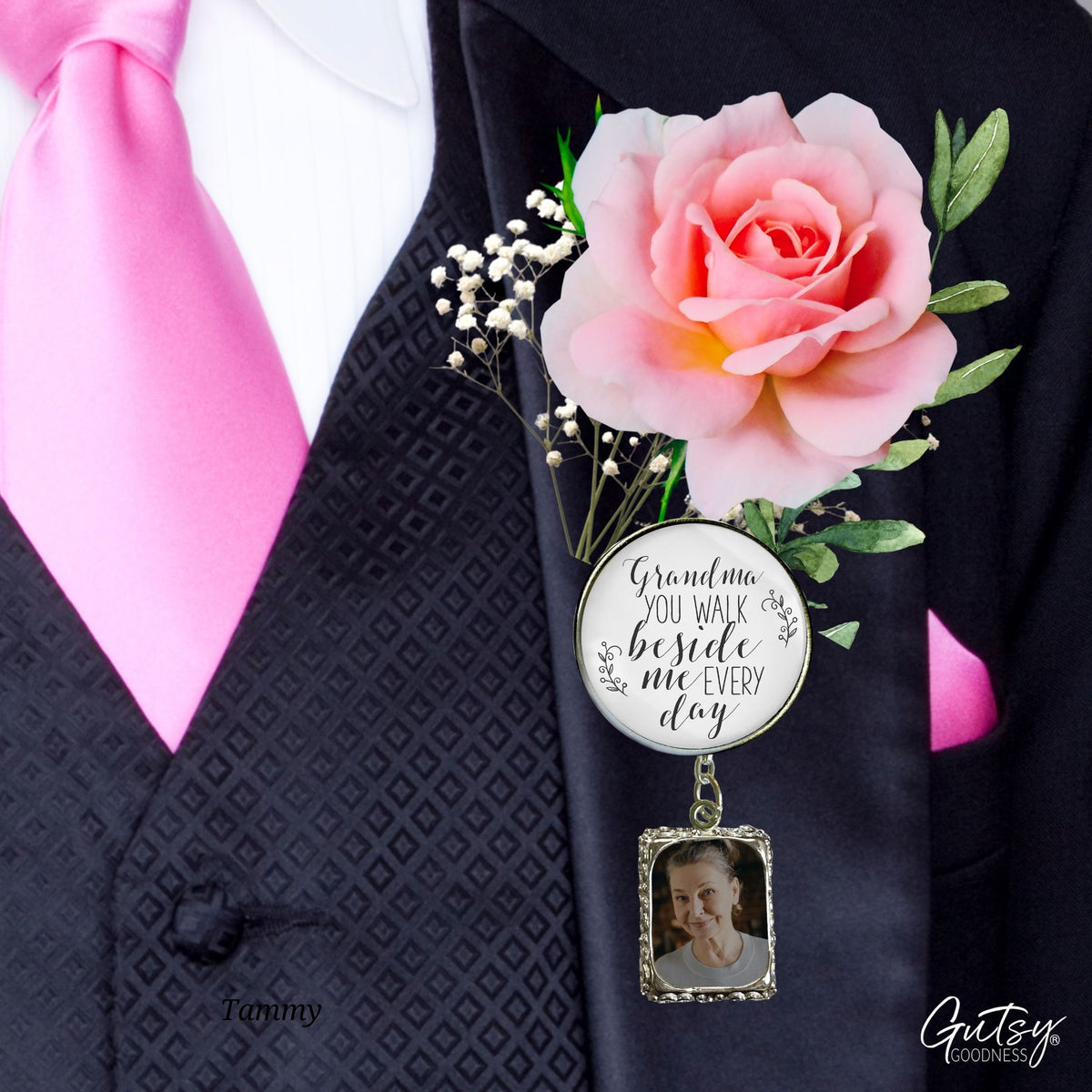 Groom's Boutonniere Pin Wedding Memorial Grandma You Walk Silver White Photo Picture Frame Charm