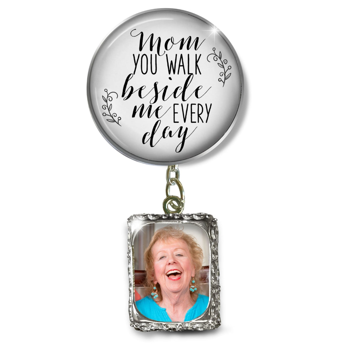 Groom's Boutonniere Pin Wedding Memorial Mom You Walk Silver White Photo Picture Frame Charm