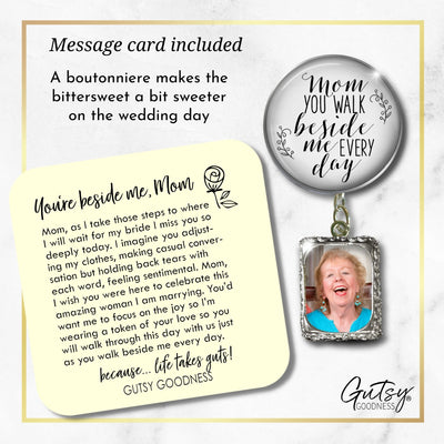 Groom's Boutonniere Pin Wedding Memorial Mom You Walk Silver White Photo Picture Frame Charm