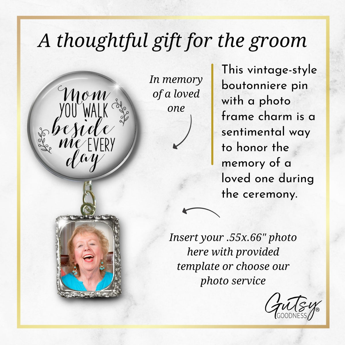 Groom's Boutonniere Pin Wedding Memorial Mom You Walk Silver White Photo Picture Frame Charm