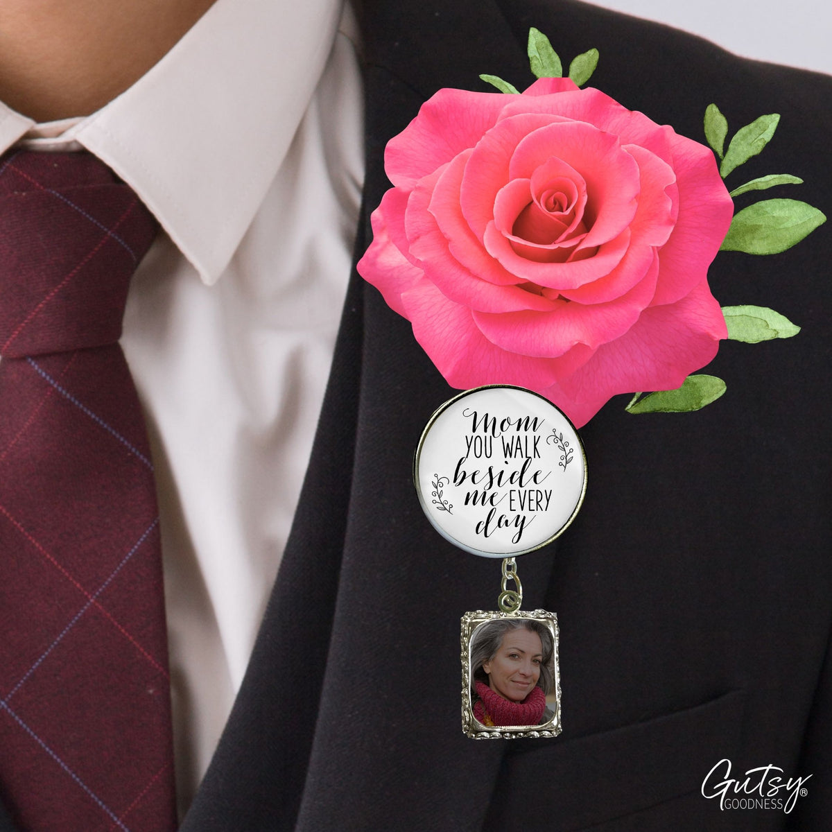 Groom's Boutonniere Pin Wedding Memorial Mom You Walk Silver White Photo Picture Frame Charm