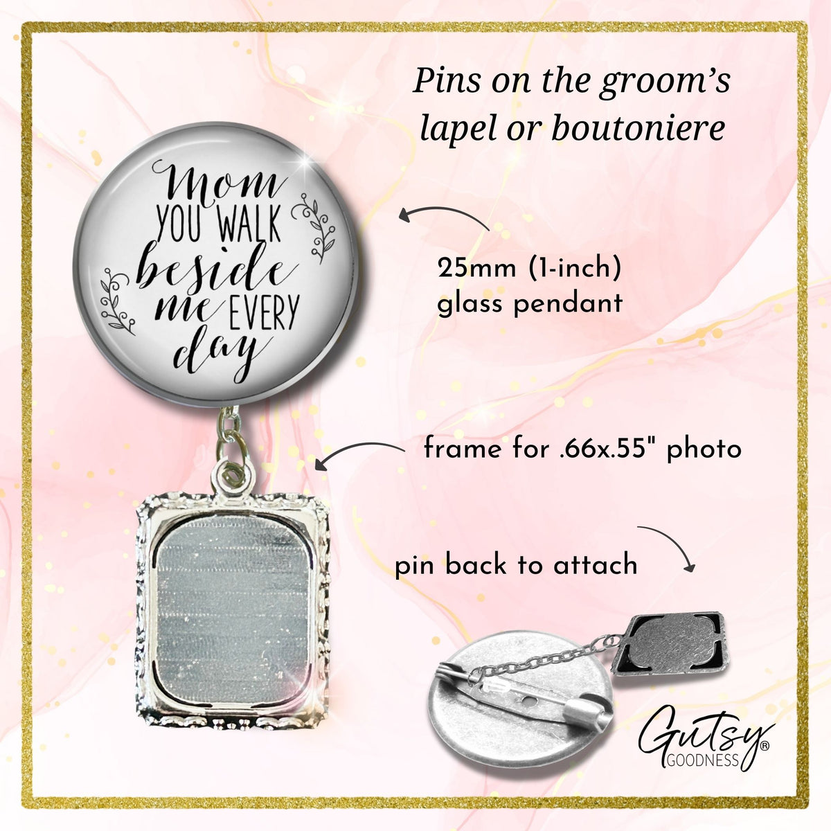 Groom's Boutonniere Pin Wedding Memorial Mom You Walk Silver White Photo Picture Frame Charm