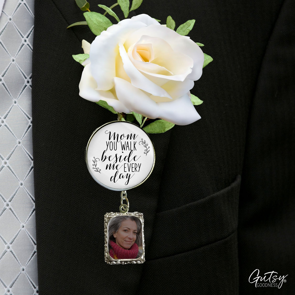 Groom's Boutonniere Pin Wedding Memorial Mom You Walk Silver White Photo Picture Frame Charm