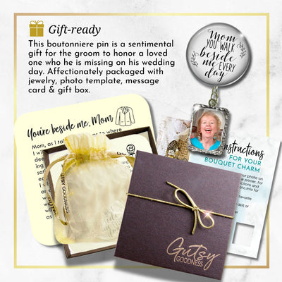 Groom's Boutonniere Pin Wedding Memorial Mom You Walk Silver White Photo Picture Frame Charm