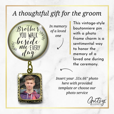 Groom's Boutonniere Pin Wedding Memorial Honor Brother Bronze White Cream Photo Picture Frame Charm