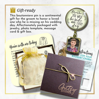 Groom's Boutonniere Pin Wedding Memorial Honor Brother Bronze White Cream Photo Picture Frame Charm
