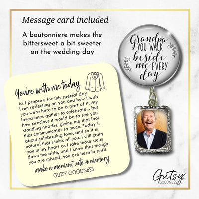 Wedding Memorial Boutonniere Pin Photo Frame Honor Grandpa Silver White For Men
