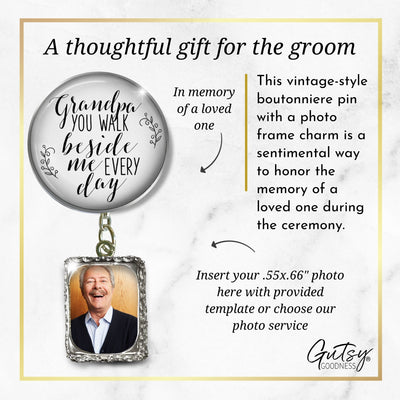 Wedding Memorial Boutonniere Pin Photo Frame Honor Grandpa Silver White For Men