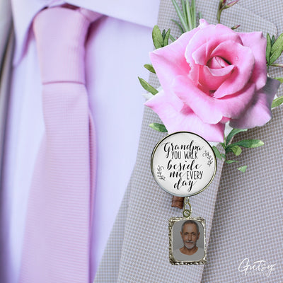 Wedding Memorial Boutonniere Pin Photo Frame Honor Grandpa Silver White For Men