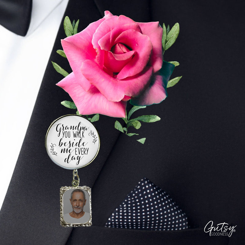 Wedding Memorial Boutonniere Pin Photo Frame Honor Grandpa Silver White For Men