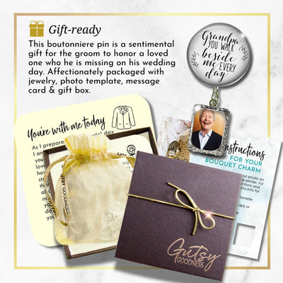 Wedding Memorial Boutonniere Pin Photo Frame Honor Grandpa Silver White For Men