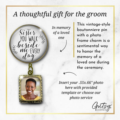 Groom's Boutonniere Pin Wedding Memorial Honor Sister Bronze White Cream Photo Picture Frame Charm