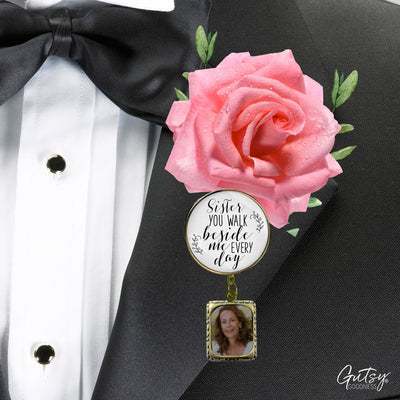 Groom's Boutonniere Pin Wedding Memorial Honor Sister Bronze White Cream Photo Picture Frame Charm