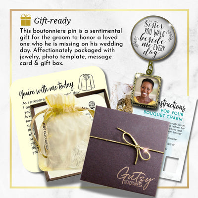 Groom's Boutonniere Pin Wedding Memorial Honor Sister Bronze White Cream Photo Picture Frame Charm