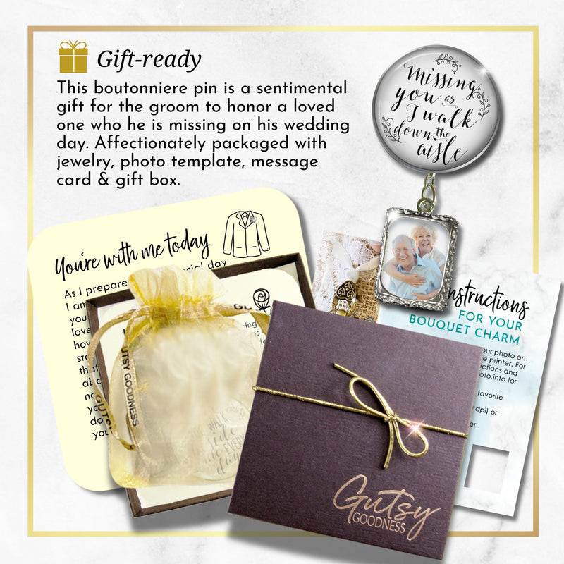 Groom's Boutonniere Pin Wedding Memorial Missing You As I Walk Silver Photo Picture Frame Charm