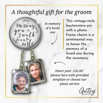 Groom's Boutonniere Pin Wedding Memorial Missing You As I Walk Silver Photo Picture Frame Charm