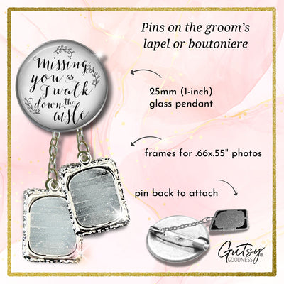 Groom's Boutonniere Pin Wedding Memorial Missing You As I Walk Silver Photo Picture Frame Charm