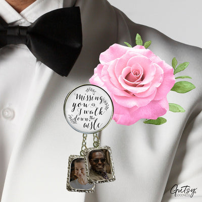 Groom's Boutonniere Pin Wedding Memorial Missing You As I Walk Silver Photo Picture Frame Charm