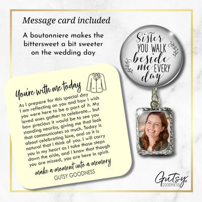 Groom's Boutonniere Pin Wedding Memorial Sister Beside Me Silver White Photo Picture Frame Charm