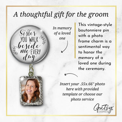 Groom's Boutonniere Pin Wedding Memorial Sister Beside Me Silver White Photo Picture Frame Charm