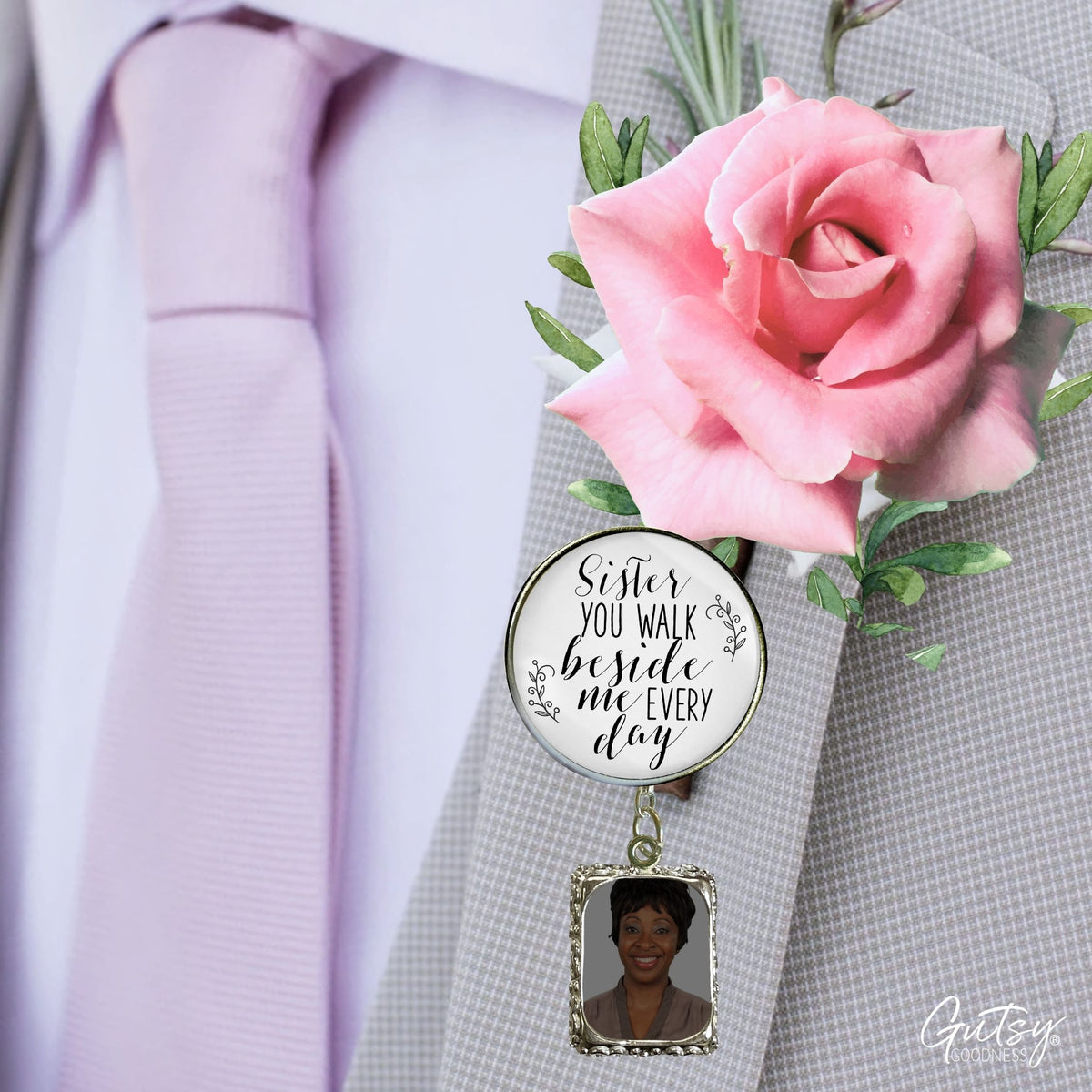 Groom's Boutonniere Pin Wedding Memorial Sister Beside Me Silver White Photo Picture Frame Charm