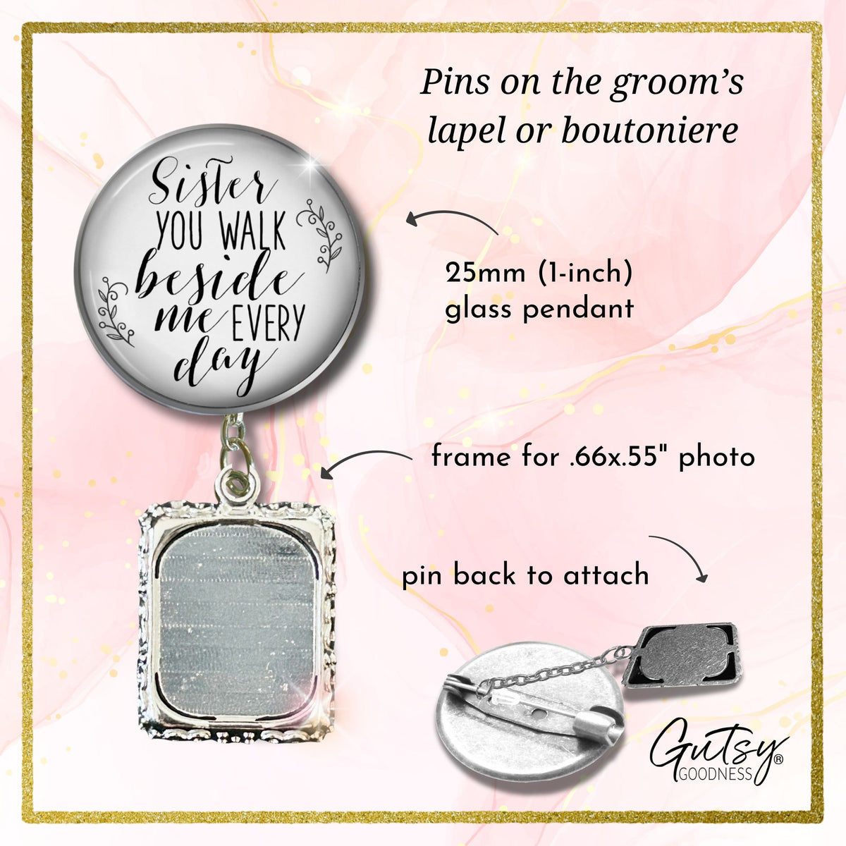 Groom's Boutonniere Pin Wedding Memorial Sister Beside Me Silver White Photo Picture Frame Charm