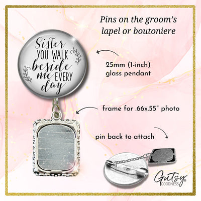 Groom's Boutonniere Pin Wedding Memorial Sister Beside Me Silver White Photo Picture Frame Charm