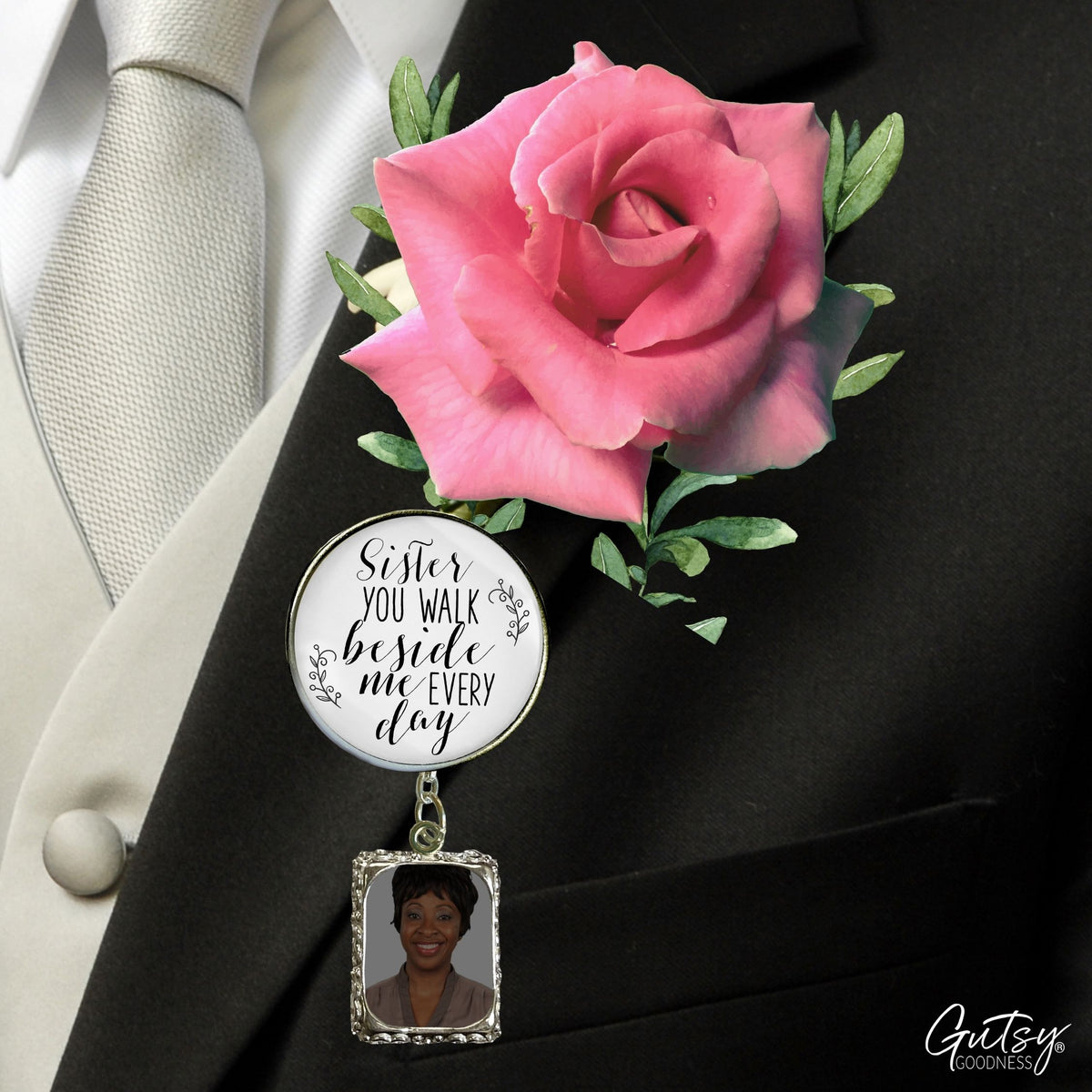 Groom's Boutonniere Pin Wedding Memorial Sister Beside Me Silver White Photo Picture Frame Charm