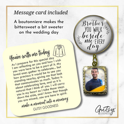 Groom's Boutonniere Pin Wedding Memorial Honor Brother Bronze White Cream Photo Picture Frame Charm